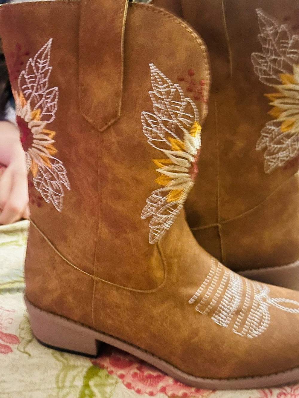 Embroidered Tan Western Cowboy Boots with Sunflower Detail